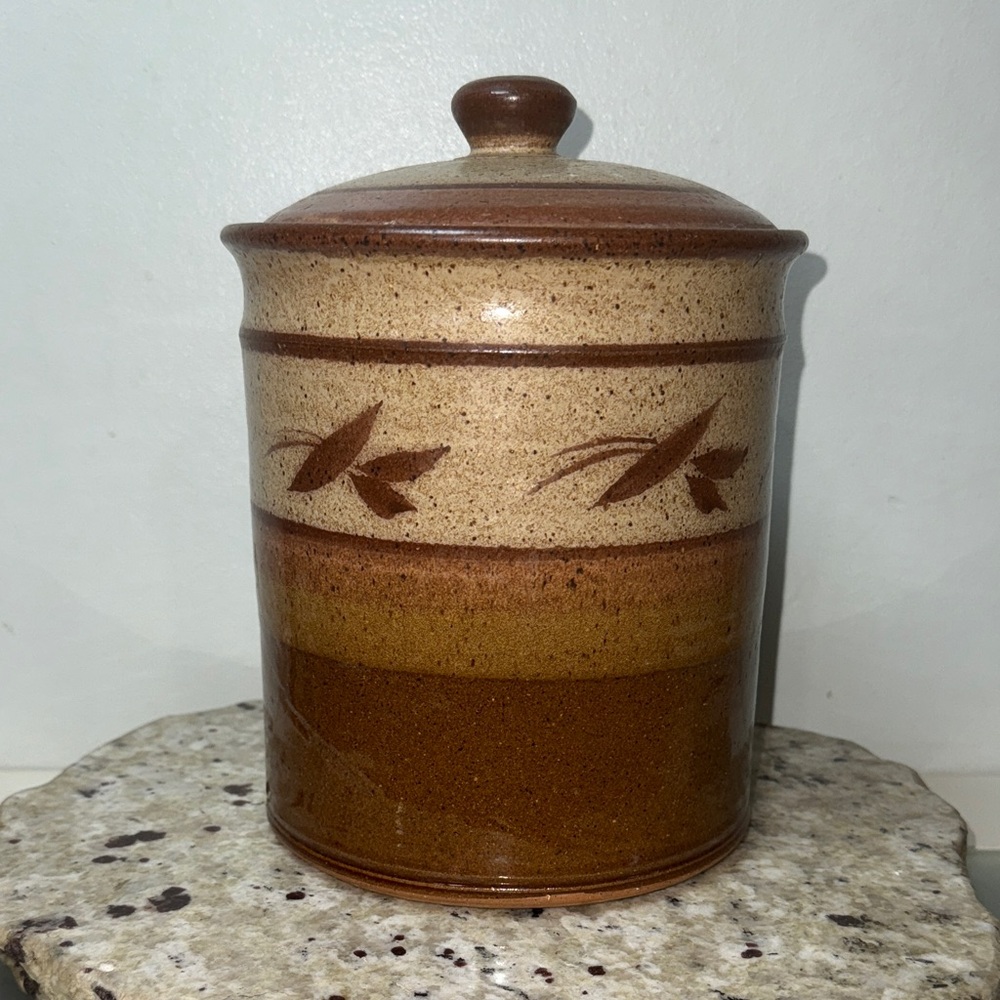 Vintage Art Pottery Stoneware Canister Lid Brown Multi Speckle Farmhouse Decor